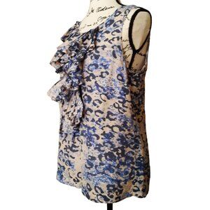 CAbi 100% Silk Blouse Blue Ruffle Animal Print Lightweight Medium